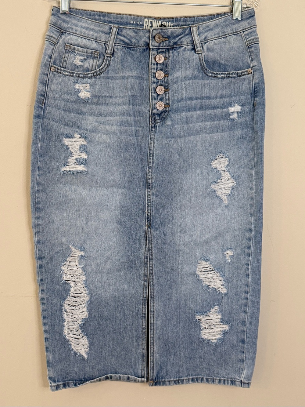 Rewash western distressed light wash midi denim skirt SZ LG